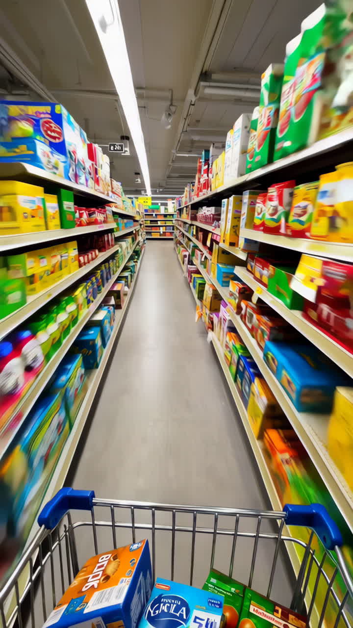 Grocery store aisle with shopping cart