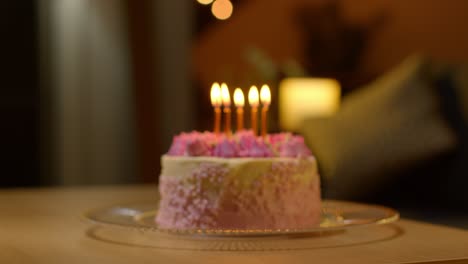 Close-Up-Of-Party-Celebration-Cake-For-Birthday-Decorated-With-Icing-And-Candles-On-Table-At-Home-4