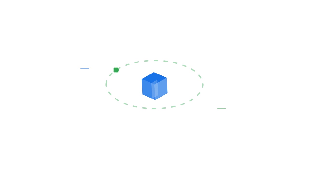 Animazione minimalista di un punto verde che orbita attorno a un cubo blu