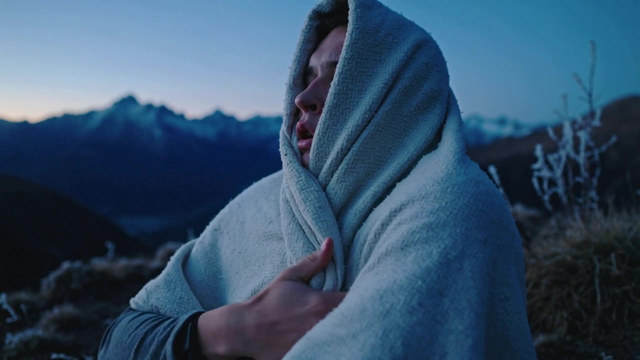 Feeling cold, man wrapping blanket across chest on ridge in twilight, long-sleeve top and watch