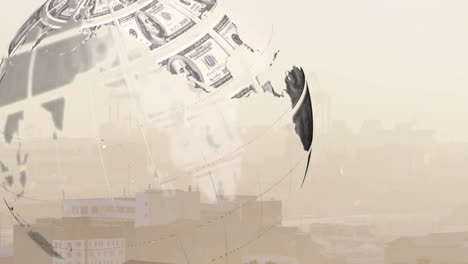 animación de un globo con billetes sobre el paisaje urbano