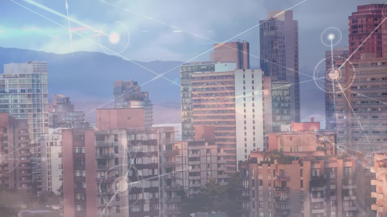 Animação de rede de conexões sobre a paisagem urbana