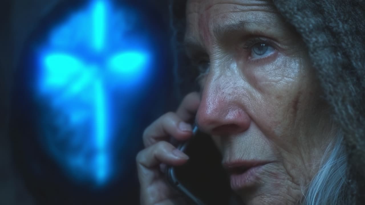 An Elderly Woman's Unexpected Encounter: A Mysterious Blue Figure Looms as She Communicates, Blending Realities and Emotions in a Suspenseful Moment