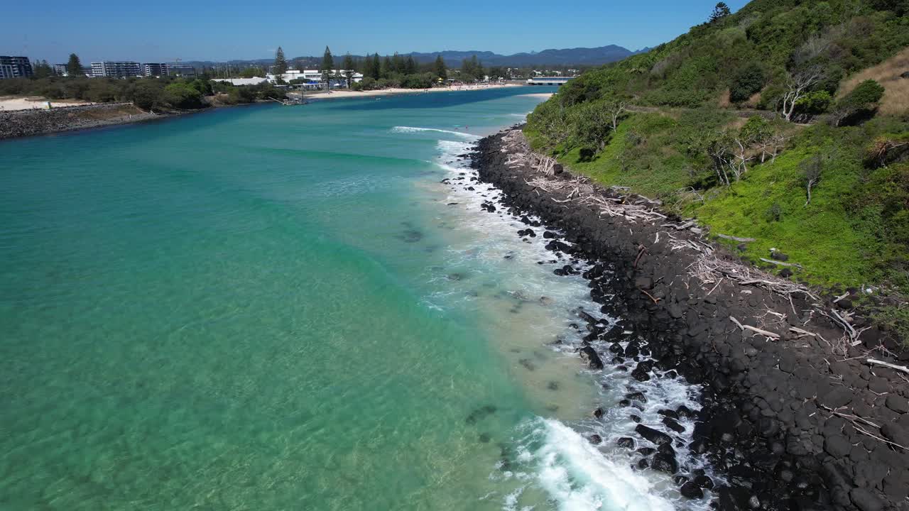 Calm Waves At The Shores Of Burleigh Heads National Park With Tallebudgera Creek On The Gold Coast In QLD, Australia. Aerial Shot