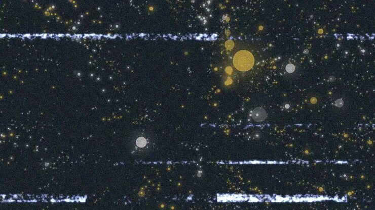 Animation of glitch interference over glowing spots on black background