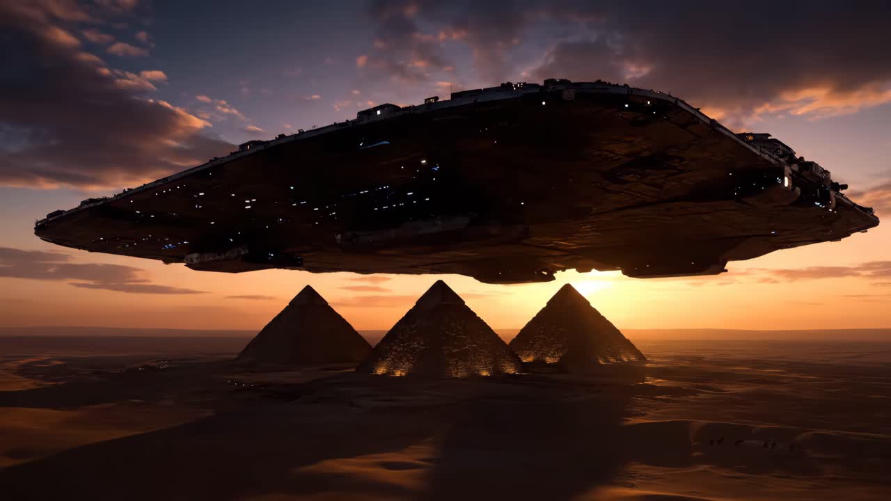 Spaceship over Egyptian Pyramids at Sunset