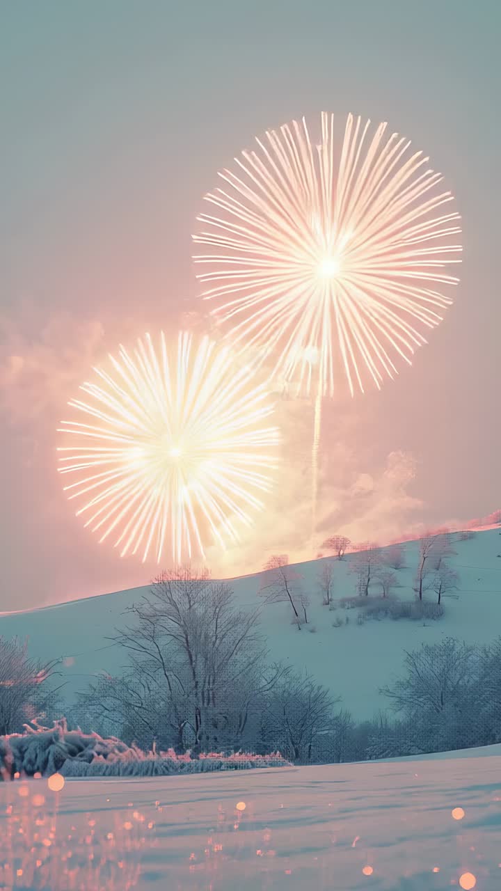 Vertical video: Firework shells launching from tubes, bursting across dusky sky over snowy hill