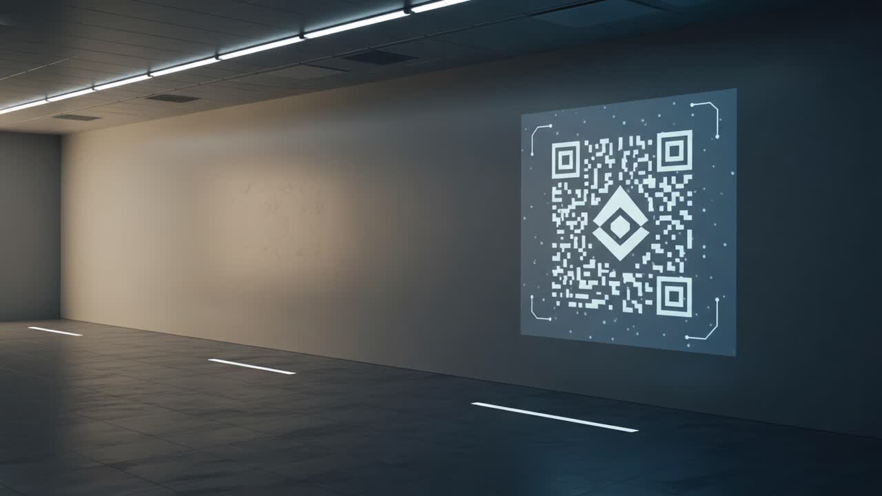 A Futuristic Setting Featuring a Projected QR Code on the Wall with Ambient Lighting, Reflecting Modern Technology and Digital Interactivity in an Empty Space