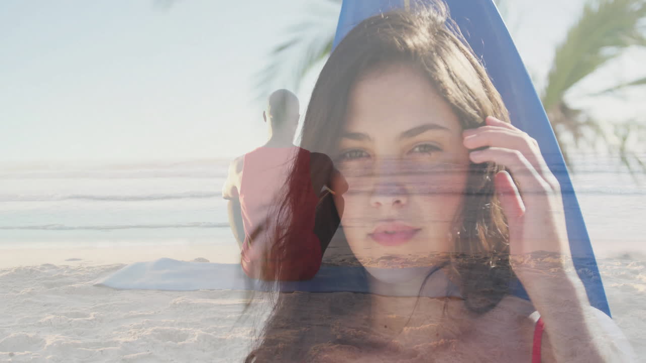 Overlaying serene beach scene, animation shows woman and person practicing yoga