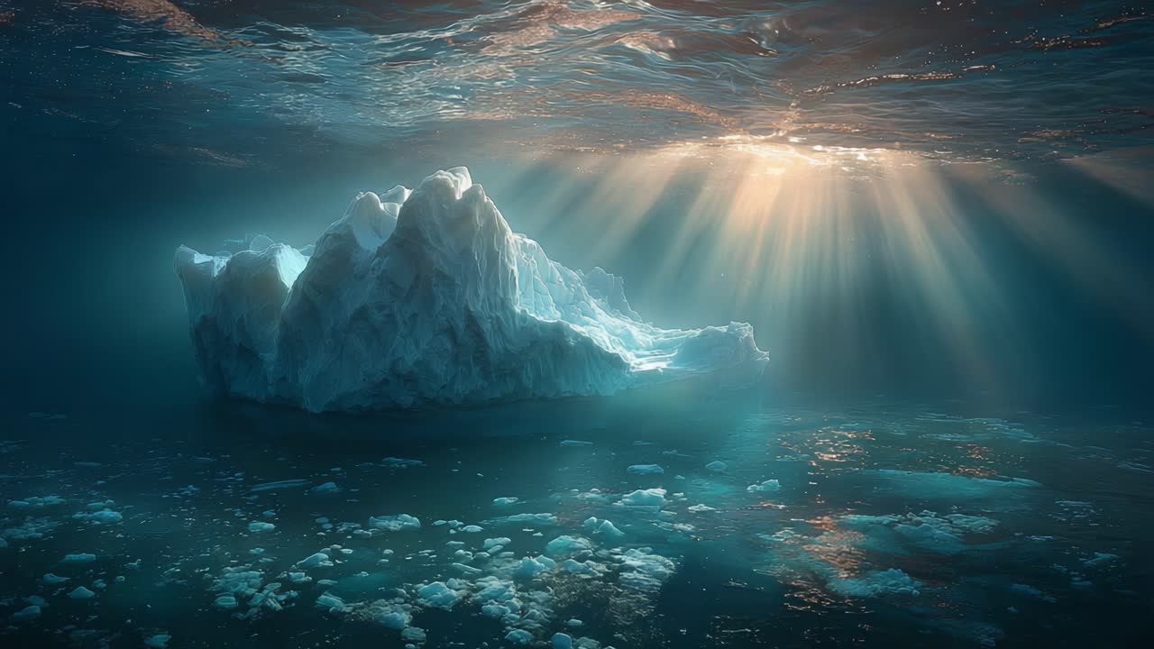 Beneath the Surface: A Stunning Iceberg Illuminated by Sunlight in the Deep Blue Waters of the Ocean, Showcasing Nature's Beauty and Tranquility