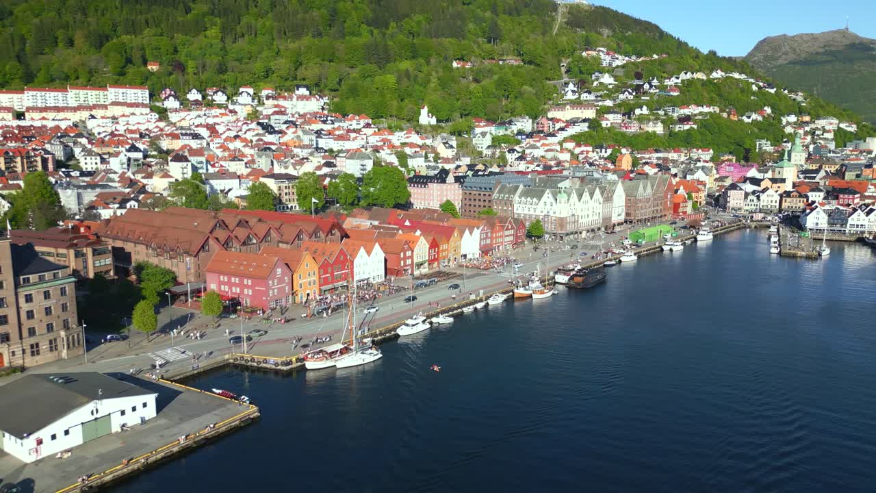 Sweeping aerial shot of Bryggen wharf in the oldest district of Bergen, Norway.
