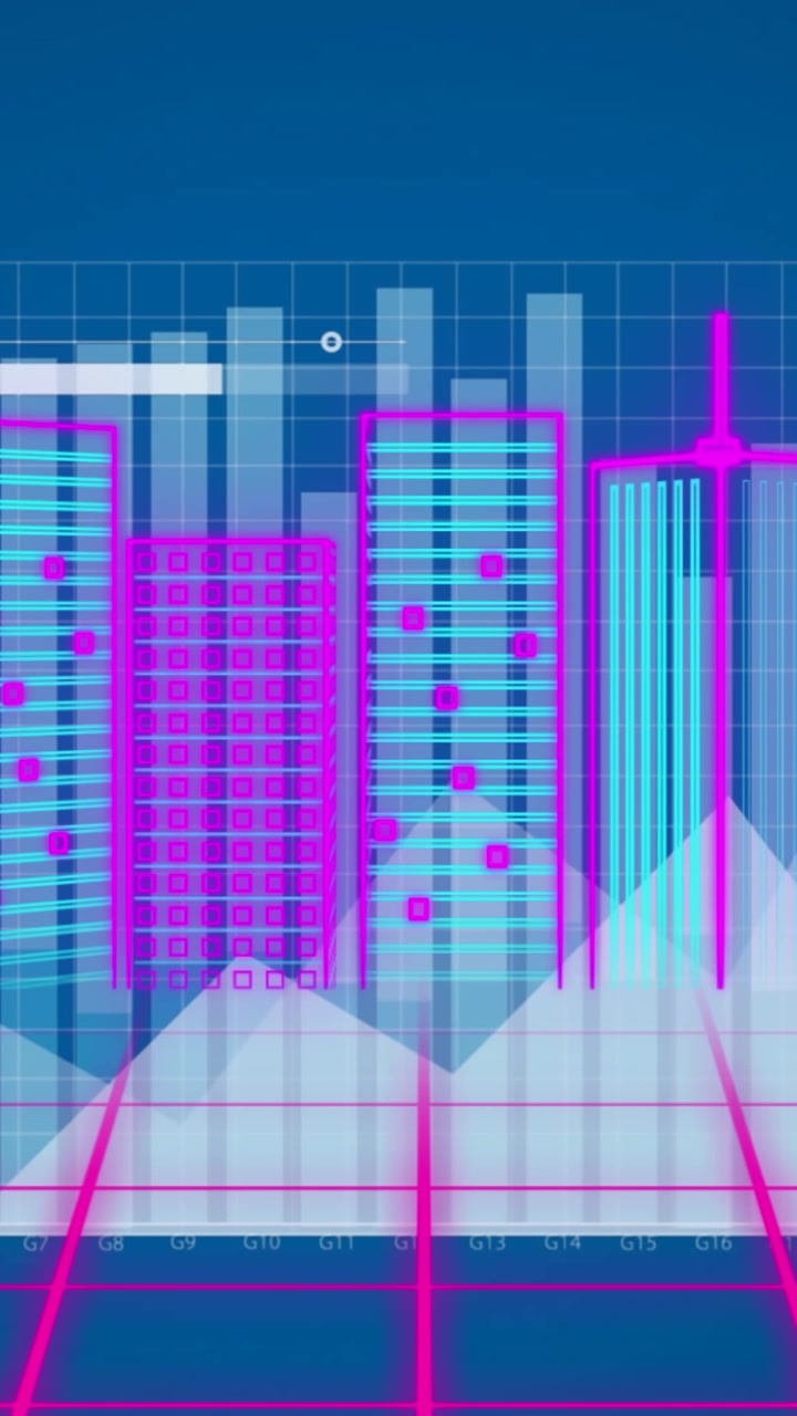 Animazione di elaborazione dati su paesaggio urbano 3D
