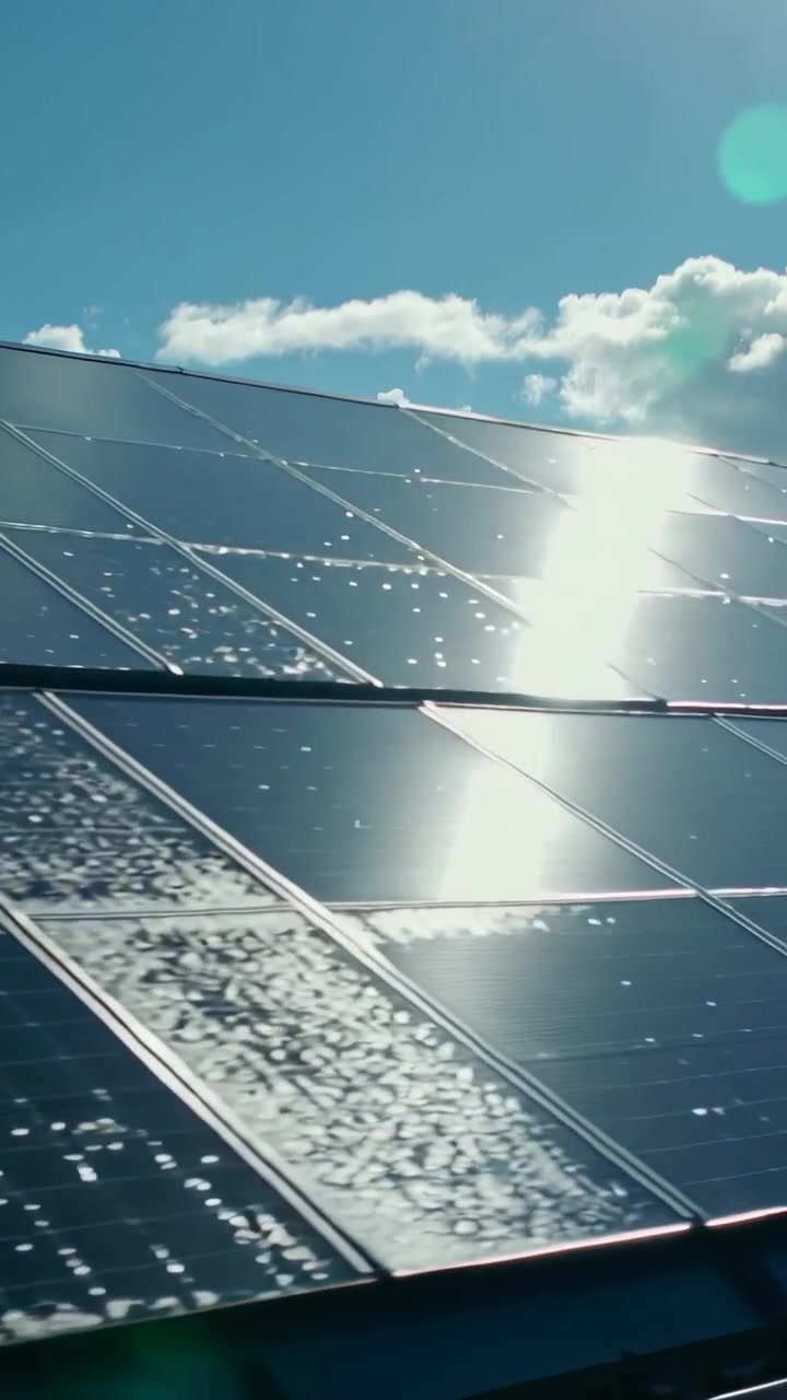 Video verticale: Telefono inclinato che filma pannelli sul tetto che mostrano goccioline e riflessi dopo la pioggia.