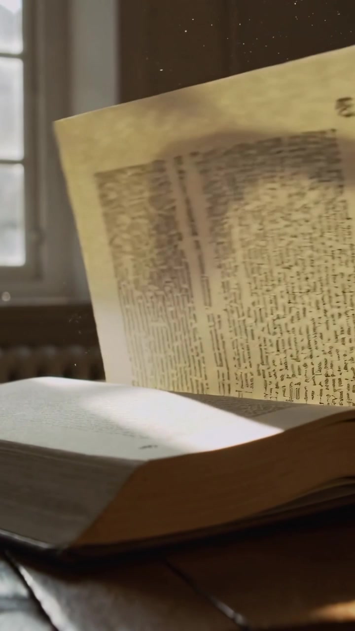 Video verticale: Pagina sciolta che si gira sopra un libro spesso su un tavolo di legno vicino alla finestra, un raggio di sole che illumina la polvere.