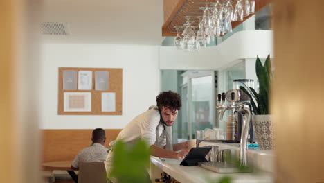 phone call, tablet and waiter with man in coffee