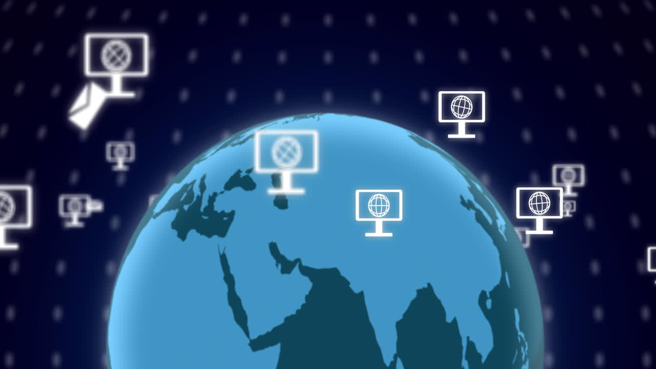 컴퓨터와 봉투 아이콘의 애니메이션 지구와 파란색 배경의 반점