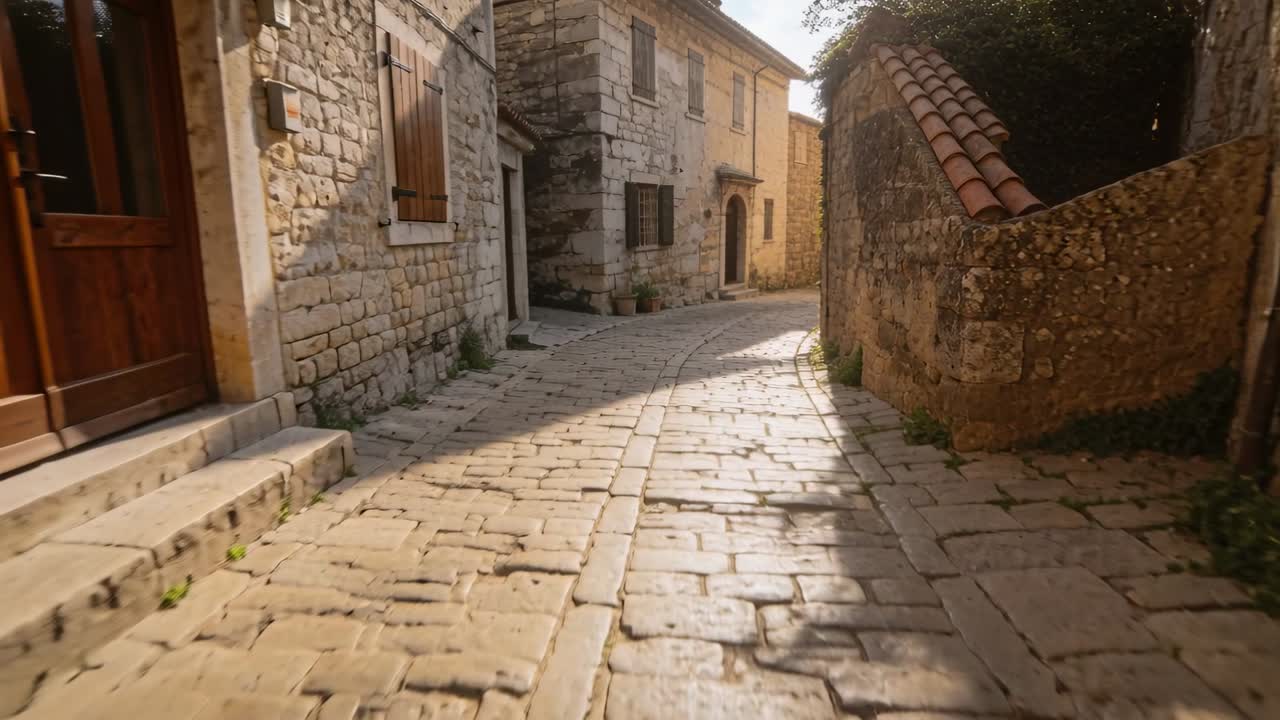 Inquadratura in movimento, che avanza lungo un vicolo acciottolato illuminato dal sole, rivelando un portale ad arco.