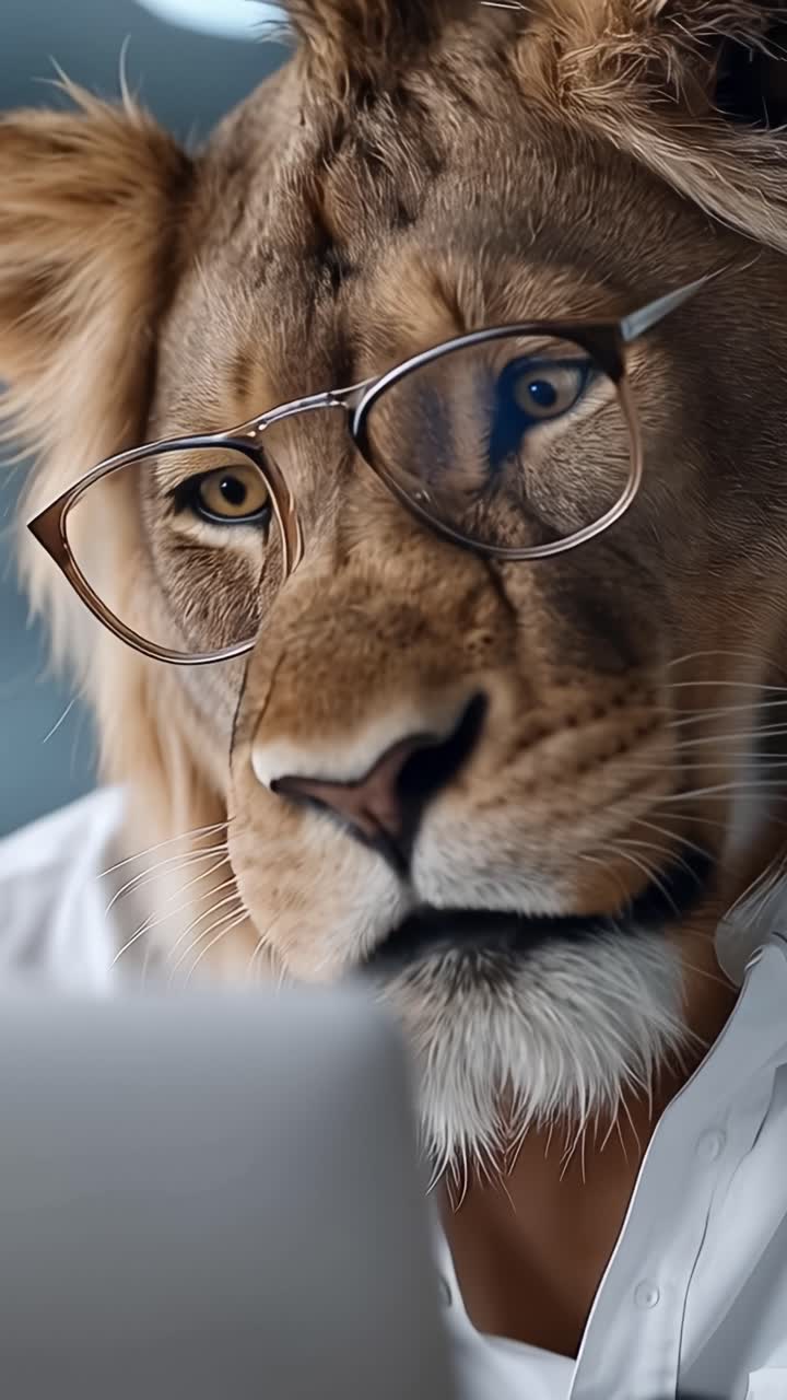 Un leone sofisticato con gli occhiali intento a leggere, che unisce la maestosità animale alla curiosità e all'intelletto umano in un ritratto immaginifico di una creatura unica.