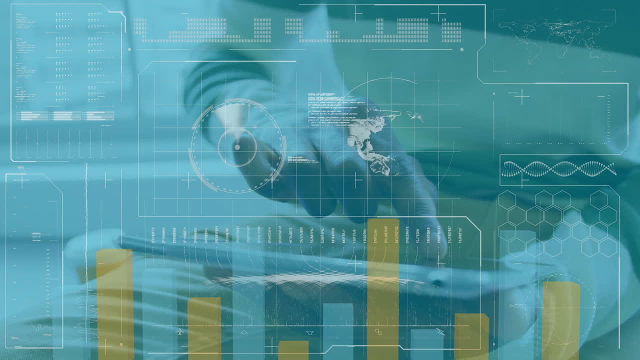 animación de un hombre usando una tableta digital en una oficina con procesamiento de datos financieros