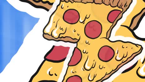 animación de iconos de pizza sobre un fondo azul