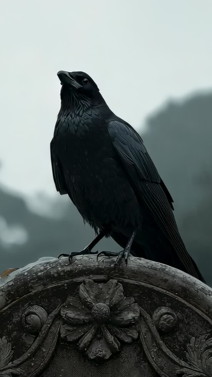 Vertical video: Black crow tilting head and calling on carved balustrade in misty mountain vista