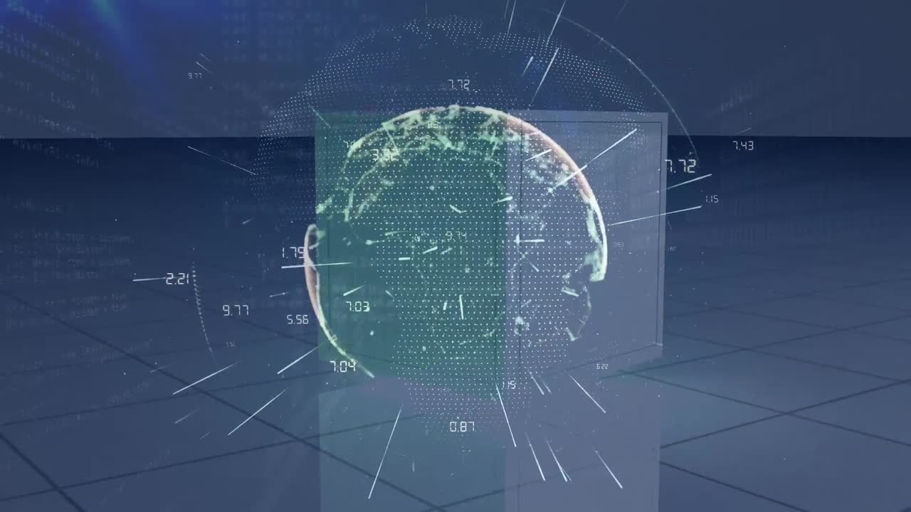 Animation of network of connections and globe over box and grid