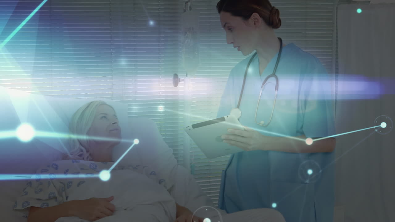 스마트폰을 사용하는 여성에 대한 연결 네트워크의 애니메이션