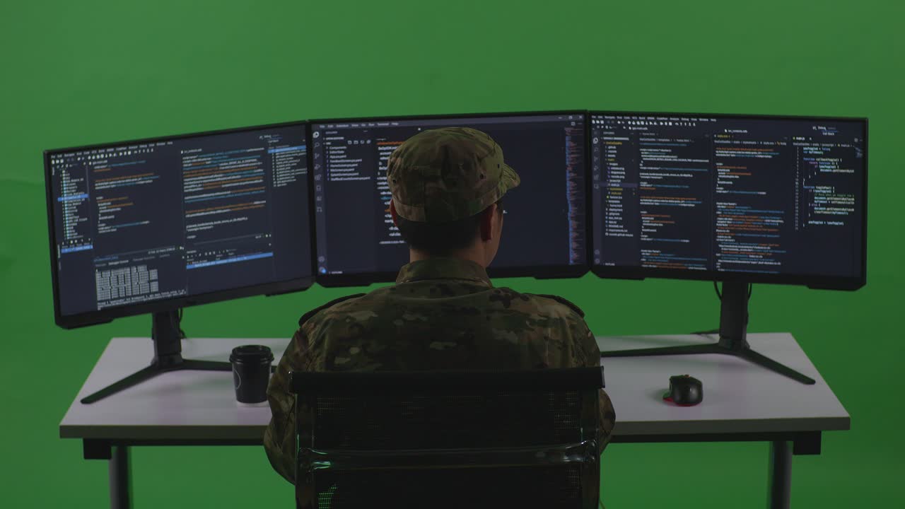 Back View Of Asian Man Soldier Developer Using Computer To Write Code With Multiple Screens In Green Screen Studio