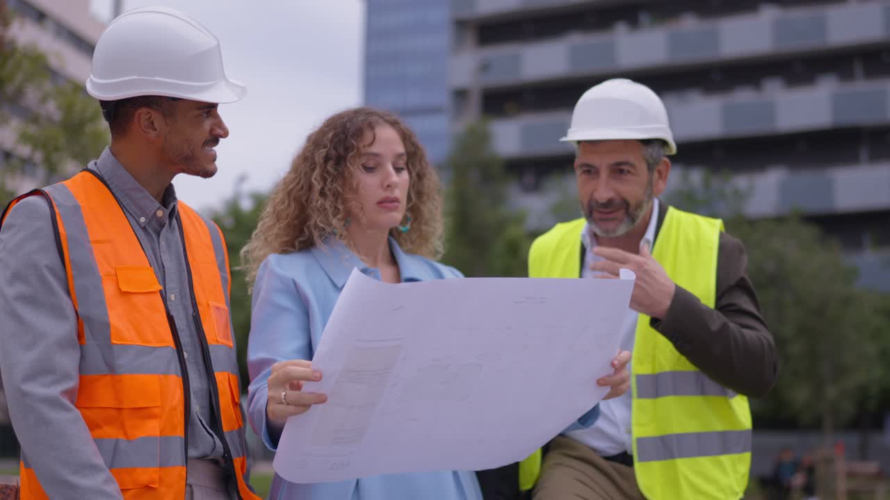 Construction workers and architect looking at blueprint