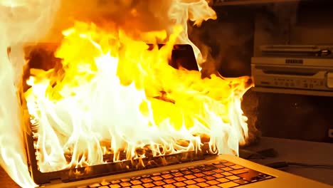 una computadora portátil en llamas en un escritorio