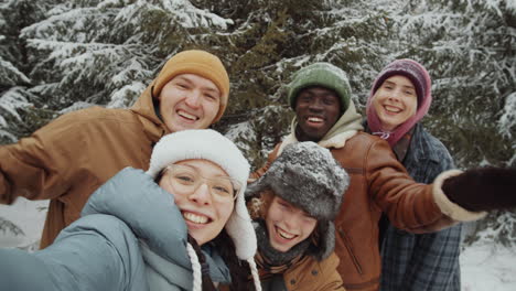 pov of joyful friends taking selfie in winter forest