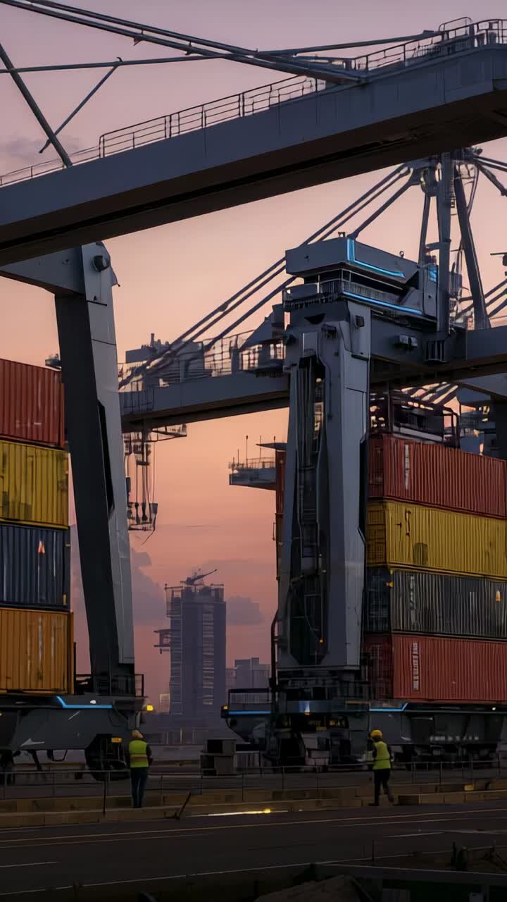 Vertical video: Walking crew in hi vis vests, helmets along quay safety line passing crane stacks