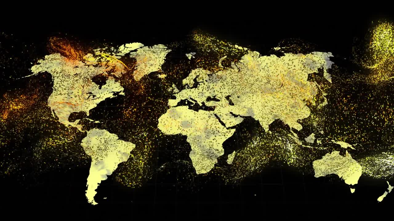 Particelle che scorrono verso sinistra formando la sagoma di una mappa, riempiendo le terre e vorticando su una griglia scura che rivela una mappa.