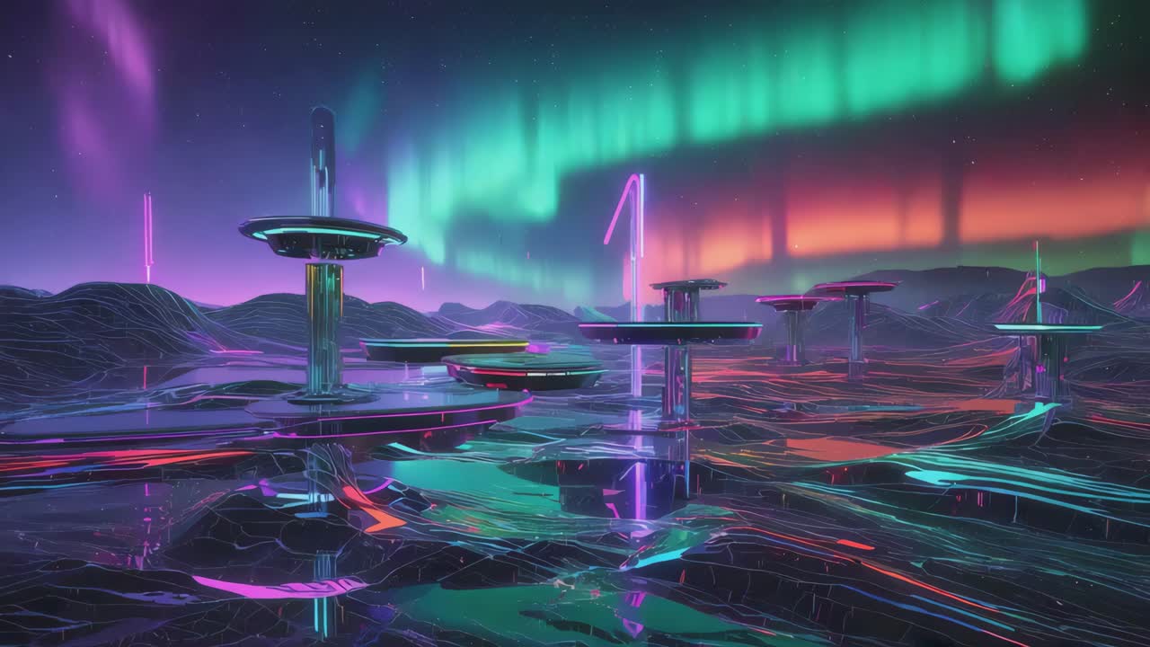 Futuristic Landscape with Aurora Borealis and Neon Lights