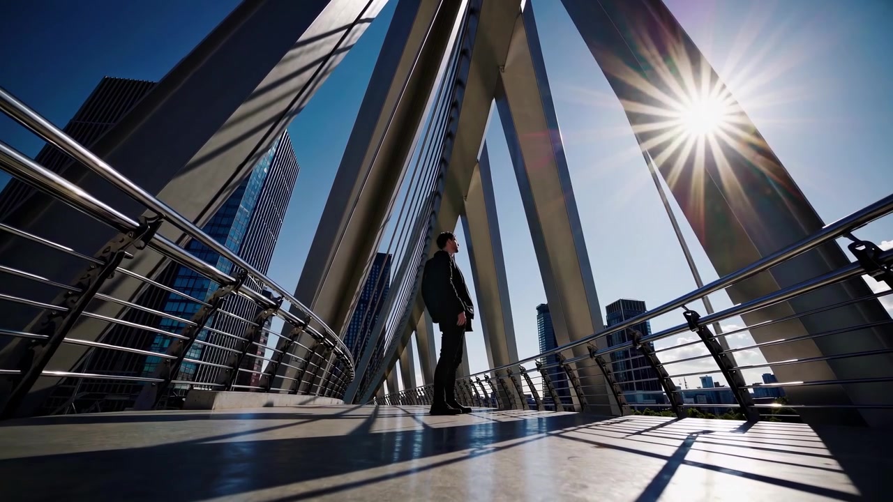 Empresário em Pé em Ponte de Pedestres Moderna na Cidade