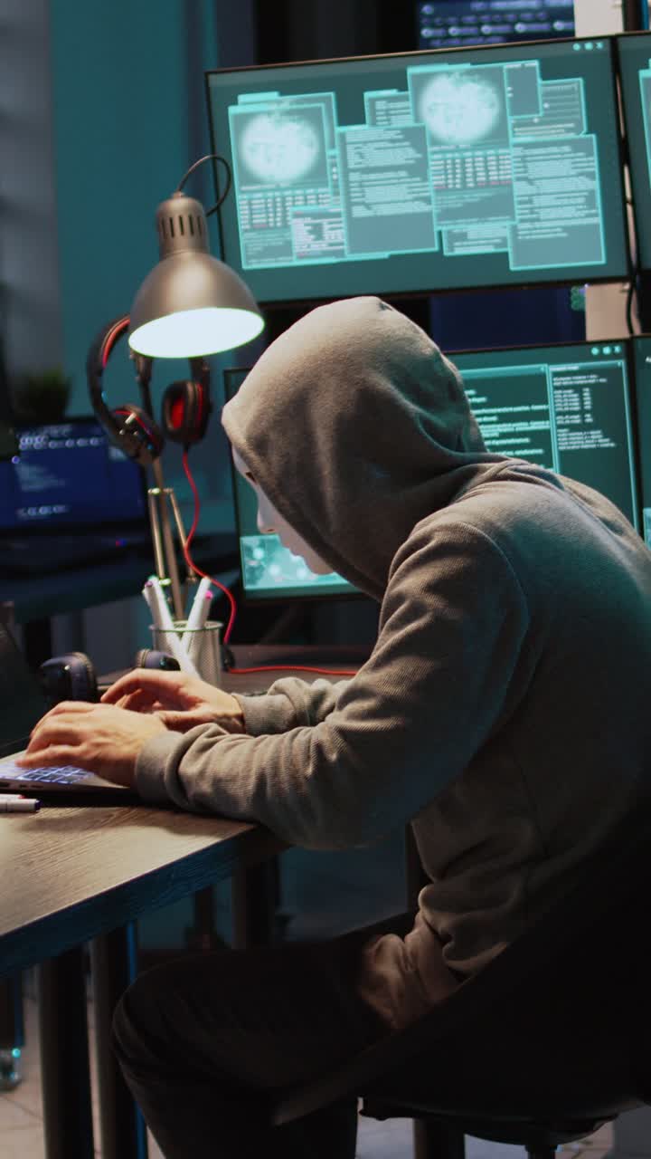 Vertikal video: Mandlig kriminel med maske og hætte hacker computersystem