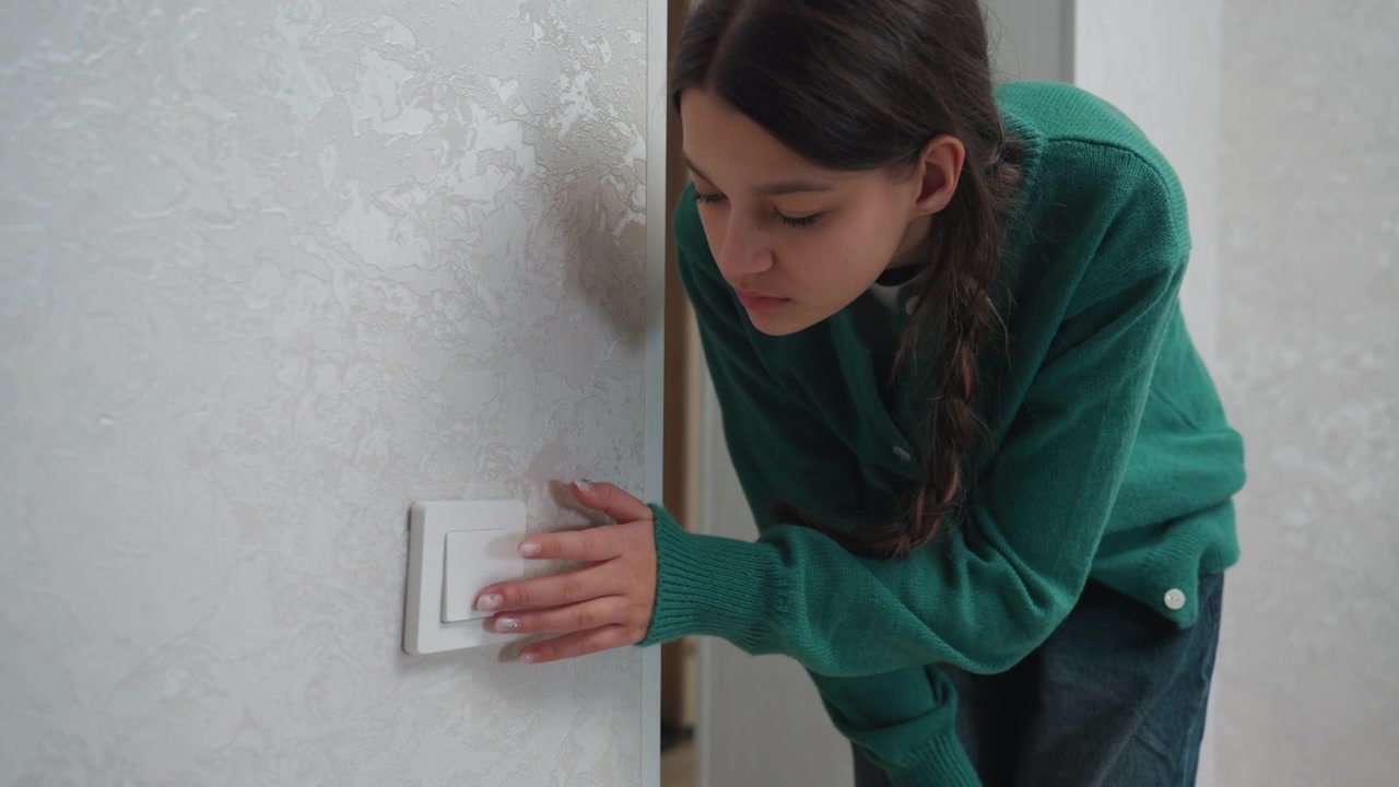 Young woman testing apartment light switch, careful hands on switch plate, braided hair and green cardigan, peeking from doorway to inspect wiring and power, practical movein check, textured plaster