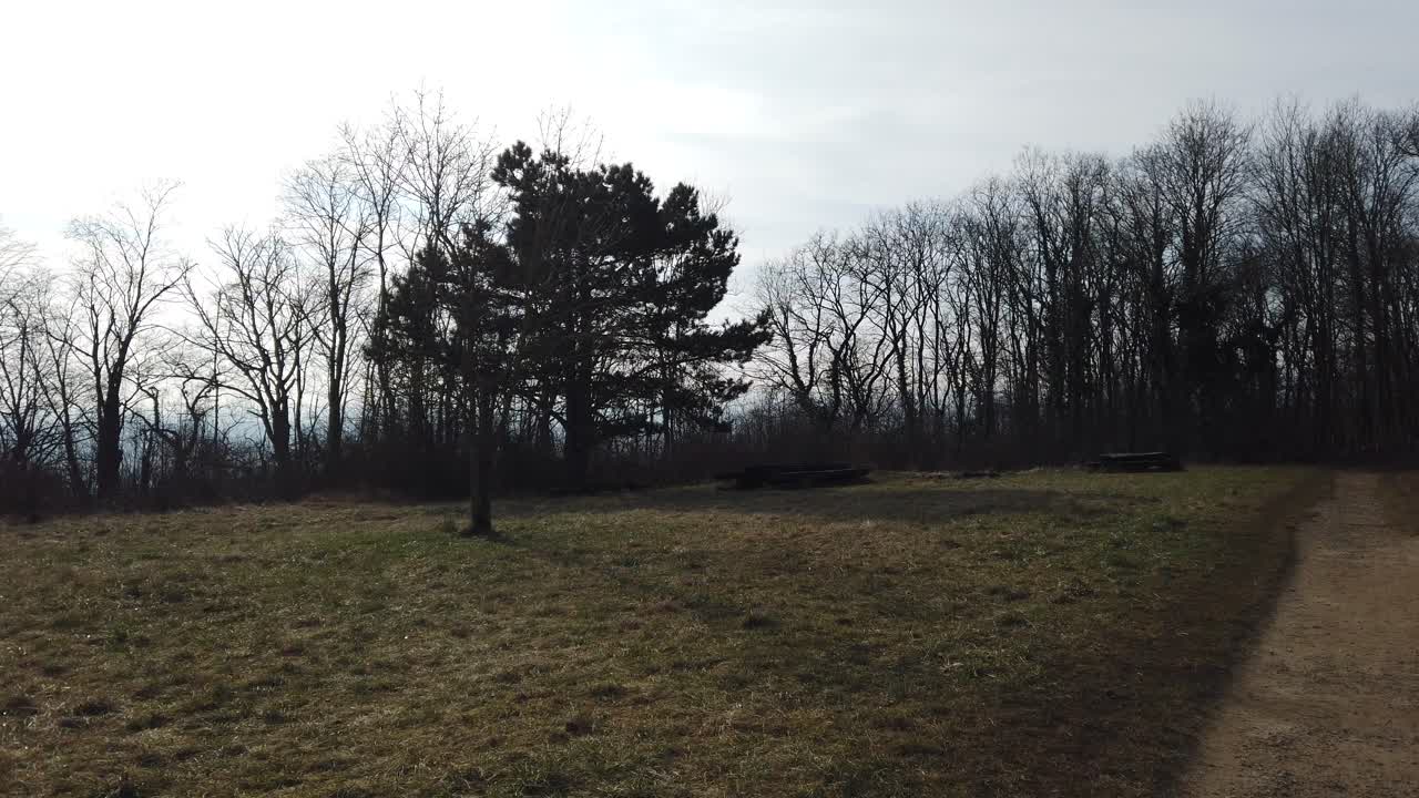 A sweeping video capturing the serene landscape of the Malzéville Plateau, showcasing a mix of grassy fields and a backdrop of leafless trees under a clear sky.