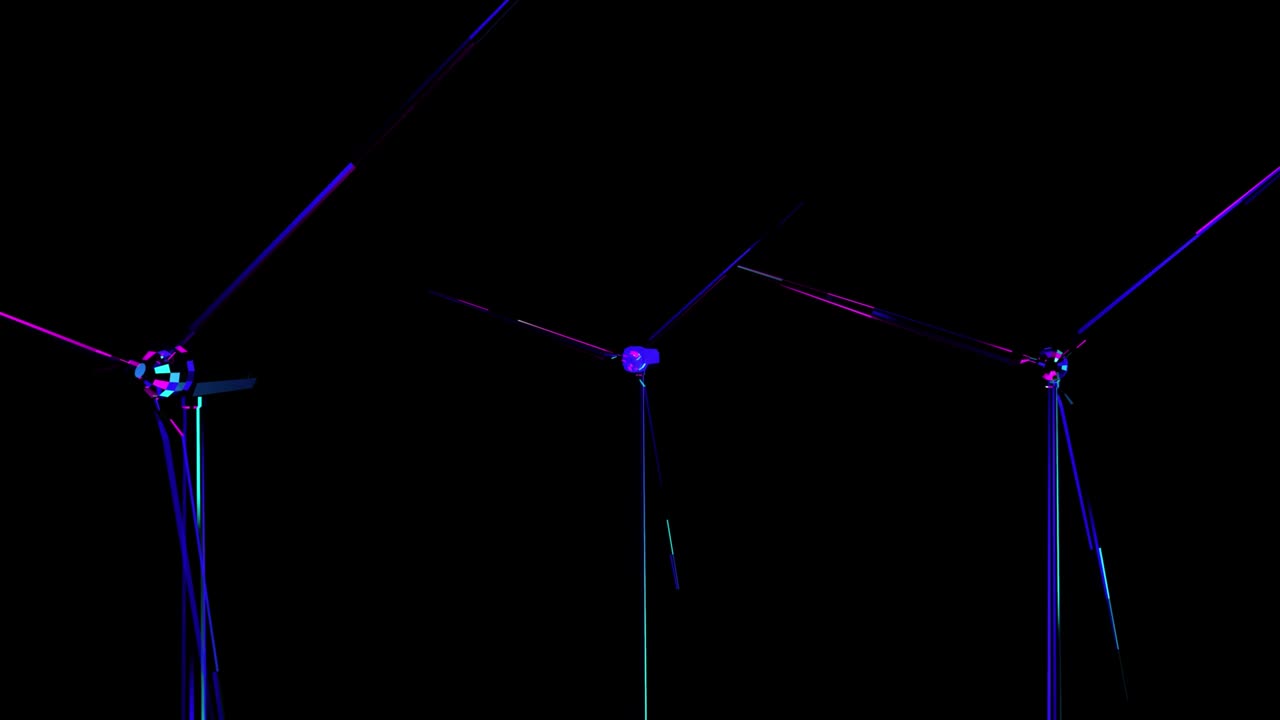 holograma de turbina eólica concepto de energía verde en color neón psicodélico. tecnología de parques eólicos fondo abstracto, bucle sin costuras