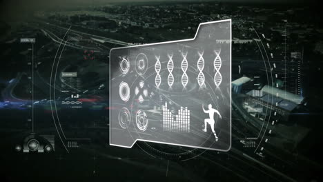 animation of data processing with scope scanning over cityscape