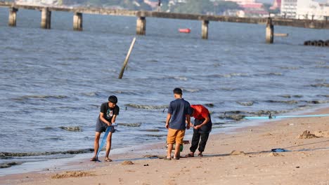 three people cleaning a beach in pattaya