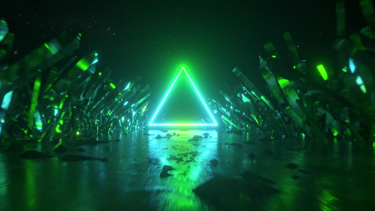 volando en el espacio abstracto a lo largo de cristales y rocas. espectro de luz de neón azul verde ultravioleta moderno. paisaje cósmico misterioso, realidad virtual, espacio exterior. bucle sin costuras 3d render