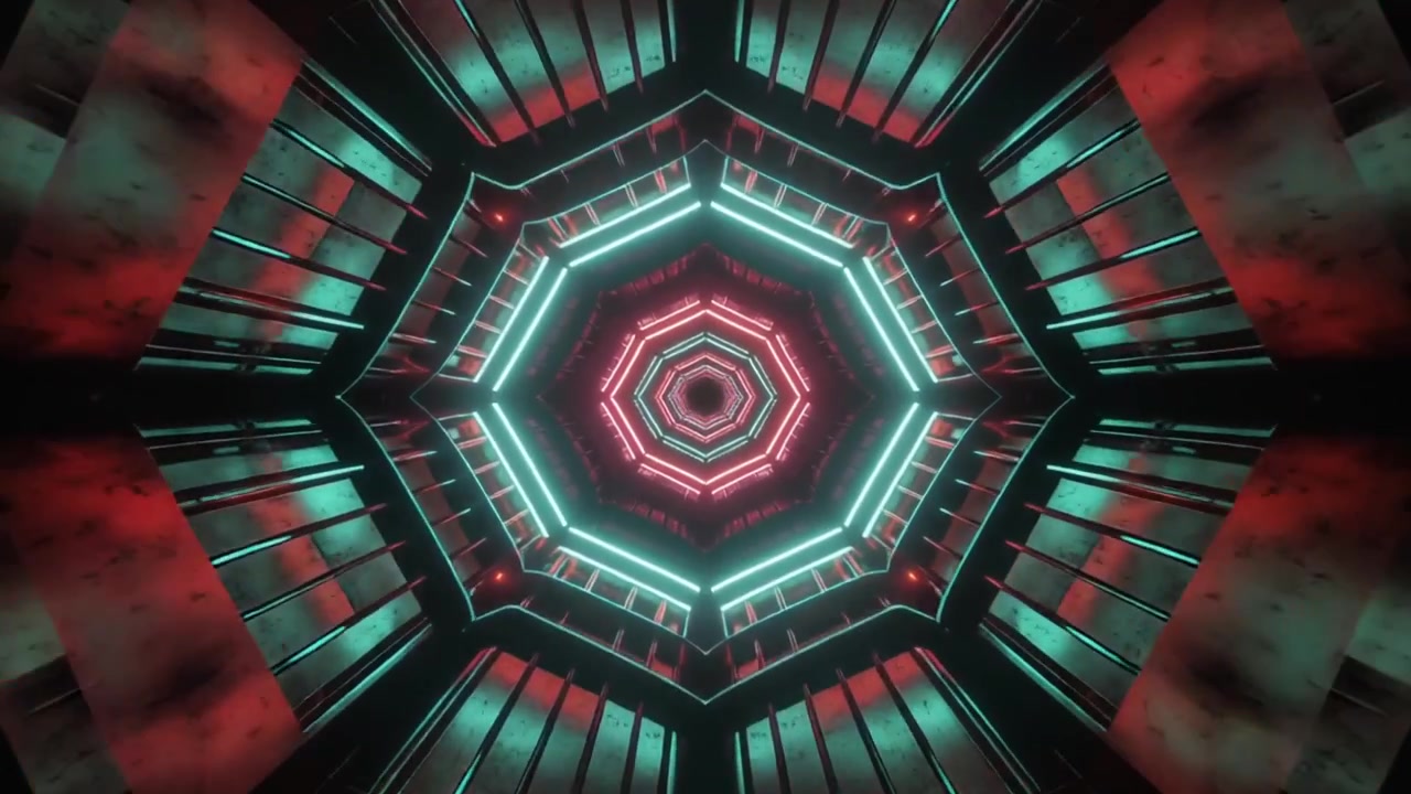 Futuristic Neon Tunnel with Octagonal Geometric Patterns