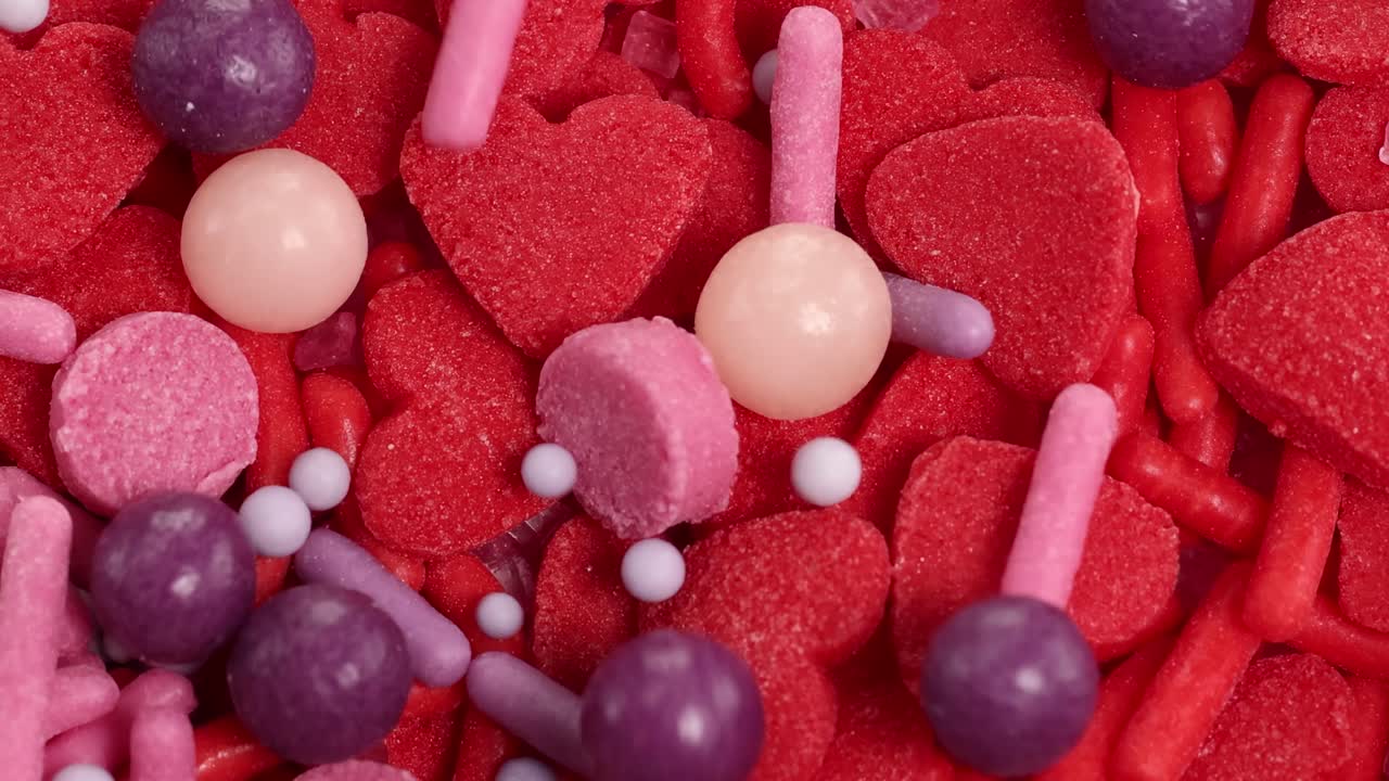 A close-up view of red heart candies mixed with vibrant pink and purple sprinkles.