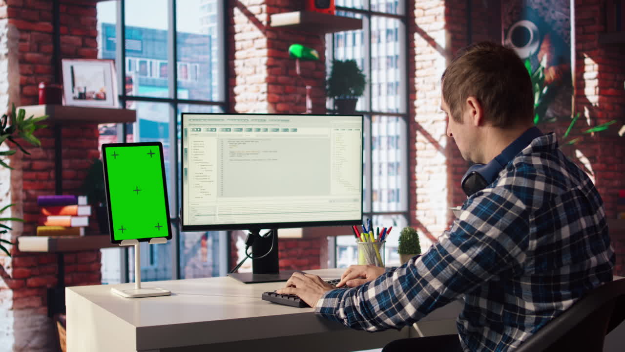 Software engineer at PC coding, creating software using isolated screen tablet
