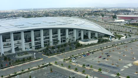 aerial 4k footage of empty sofi stadium in inglewood during covid-19 pandemic in los angeles, california, usa