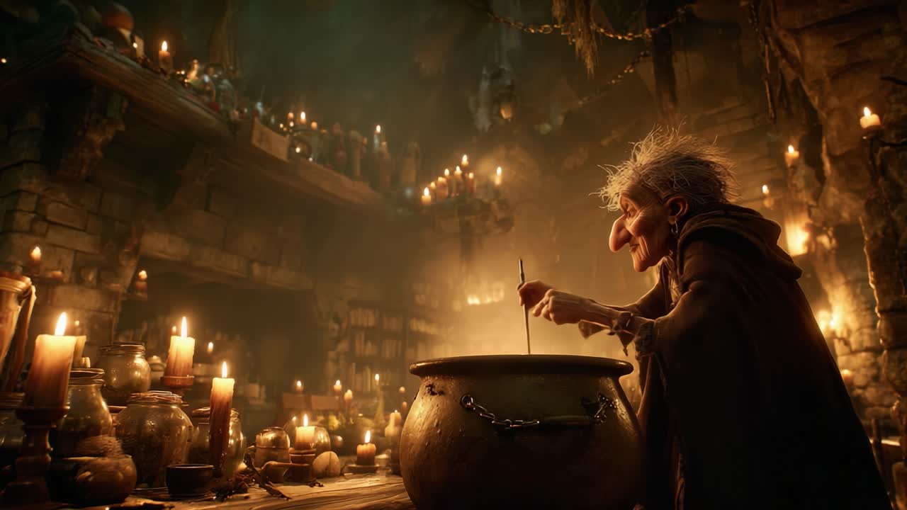 Un'enigmatica strega mescola un calderone gorgogliante nella luce tremolante delle candele in una misteriosa stanza illuminata da candele, piena di pozioni e artefatti magici