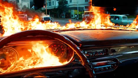 a car is engulfed by flames on the dashboard of a car