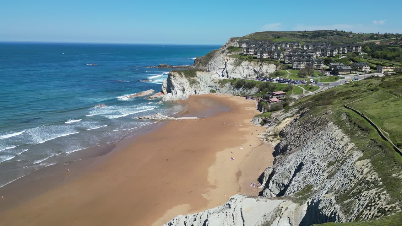 Cliffs and Beach in Sopelana, Biscay, Basque Country, North Spain - Aerial 4k