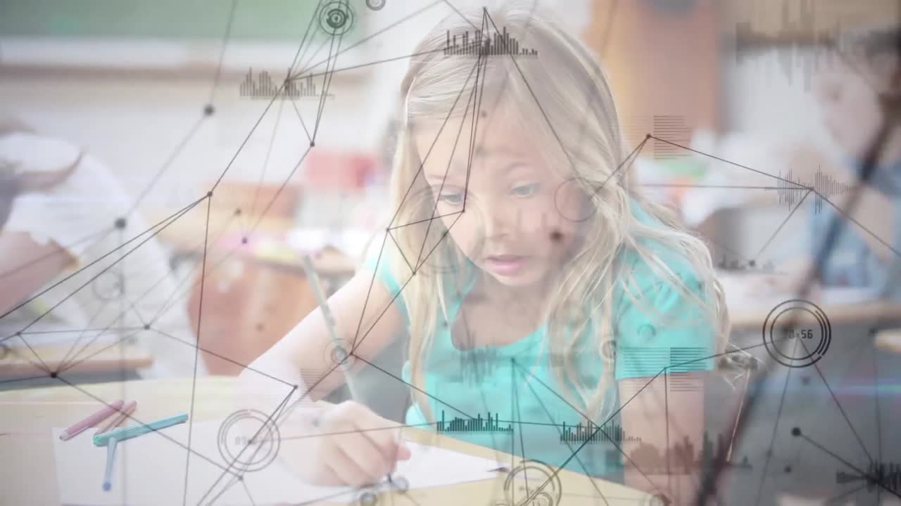Animation of network of connections over schoolgirl writing